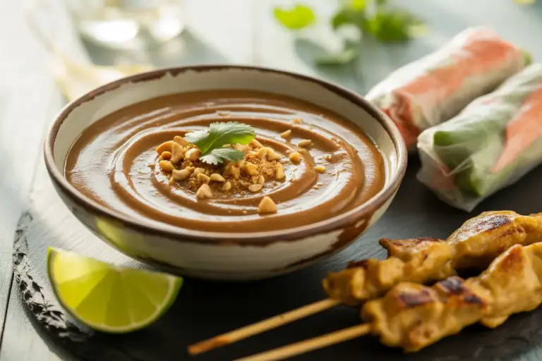 A bowl of creamy homemade peanut sauce from a delicious recipe, served with fresh spring rolls and chicken satay for dipping.