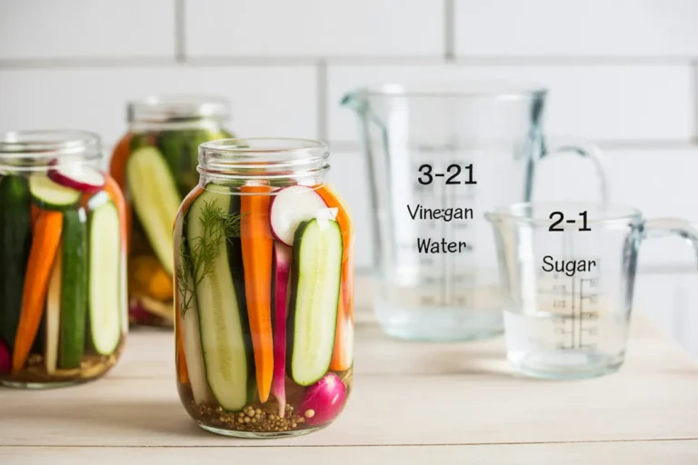 Glass jars of colorful homemade pickles made with the 3-2-1 pickling rule, showing the simple ratio of vinegar, water, and sugar in the background.