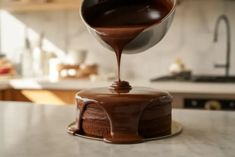 A step-by-step visual on how to make chocolate ganache, showing the glossy mixture being poured over a cake.
