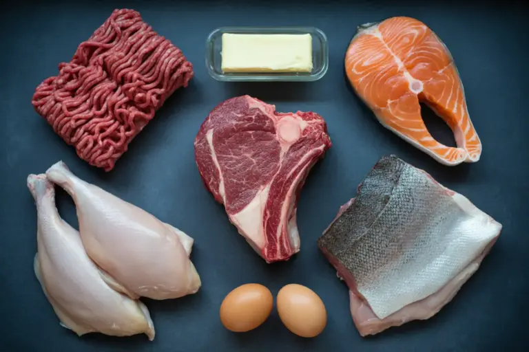 A flat lay of ingredients for cooking on the carnivore diet, including a ribeye steak, salmon, ground beef, chicken, eggs, and butter.