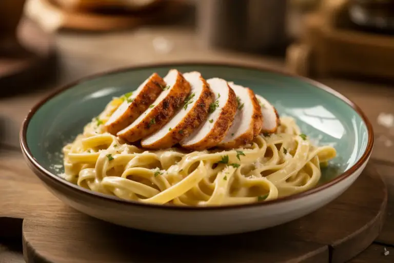 A close-up of a restaurant-quality bowl of creamy chicken alfredo, showing how to make chicken alfredo taste better with fresh ingredients and garnishes.