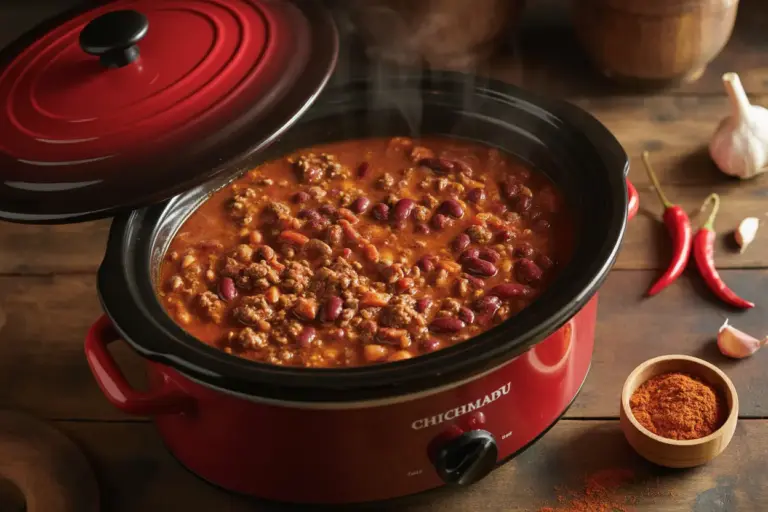 A vibrant overhead view of a slow cooker filled with delicious, freshly made chili, highlighting the easy process of making chili.