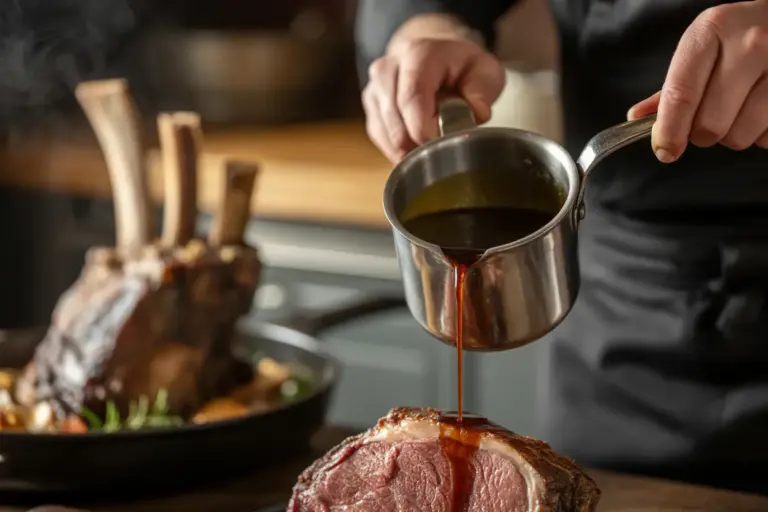 A chef pours a rich, dark jus from scratch over a sliced prime rib, with a roasting pan of bones visible in the background, illustrating the process of making jus.