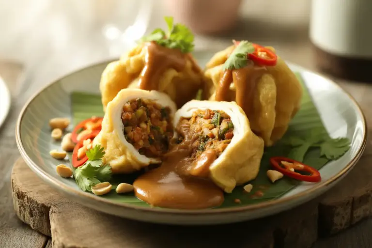 A platter of a delicious tauhu recipe, showcasing Malaysian Tauhu Sumbat, which is stuffed fried tauhu drizzled with a rich peanut sauce and garnished with fresh chilies.