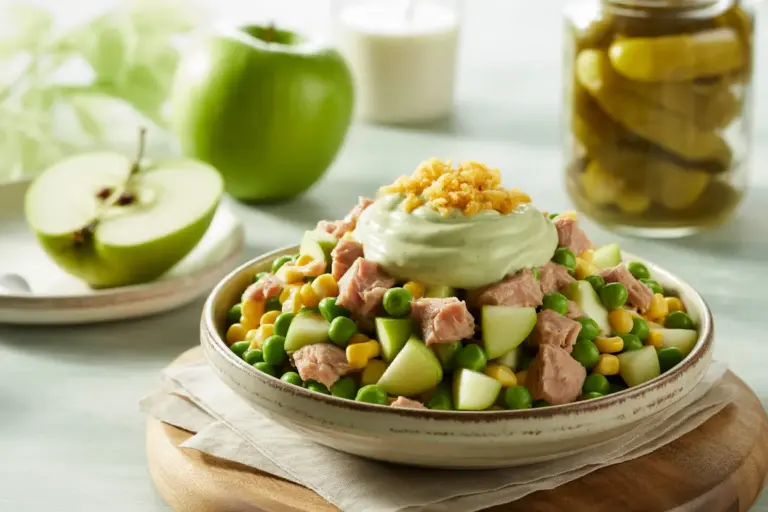 A close-up of Matthew McConaughey's tuna salad recipe, featuring fresh ingredients like green apple, wasabi mayo, and a sprinkle of jalapeño chips.