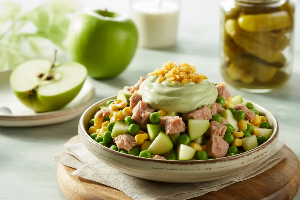 A close-up of Matthew McConaughey's tuna salad recipe, featuring fresh ingredients like green apple, wasabi mayo, and a sprinkle of jalapeño chips.