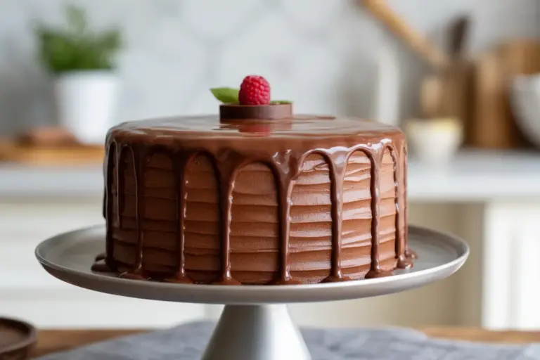 A rich chocolate cake covered in a smooth, glossy chocolate ganache recipe, with perfect, luscious drips running down the side.