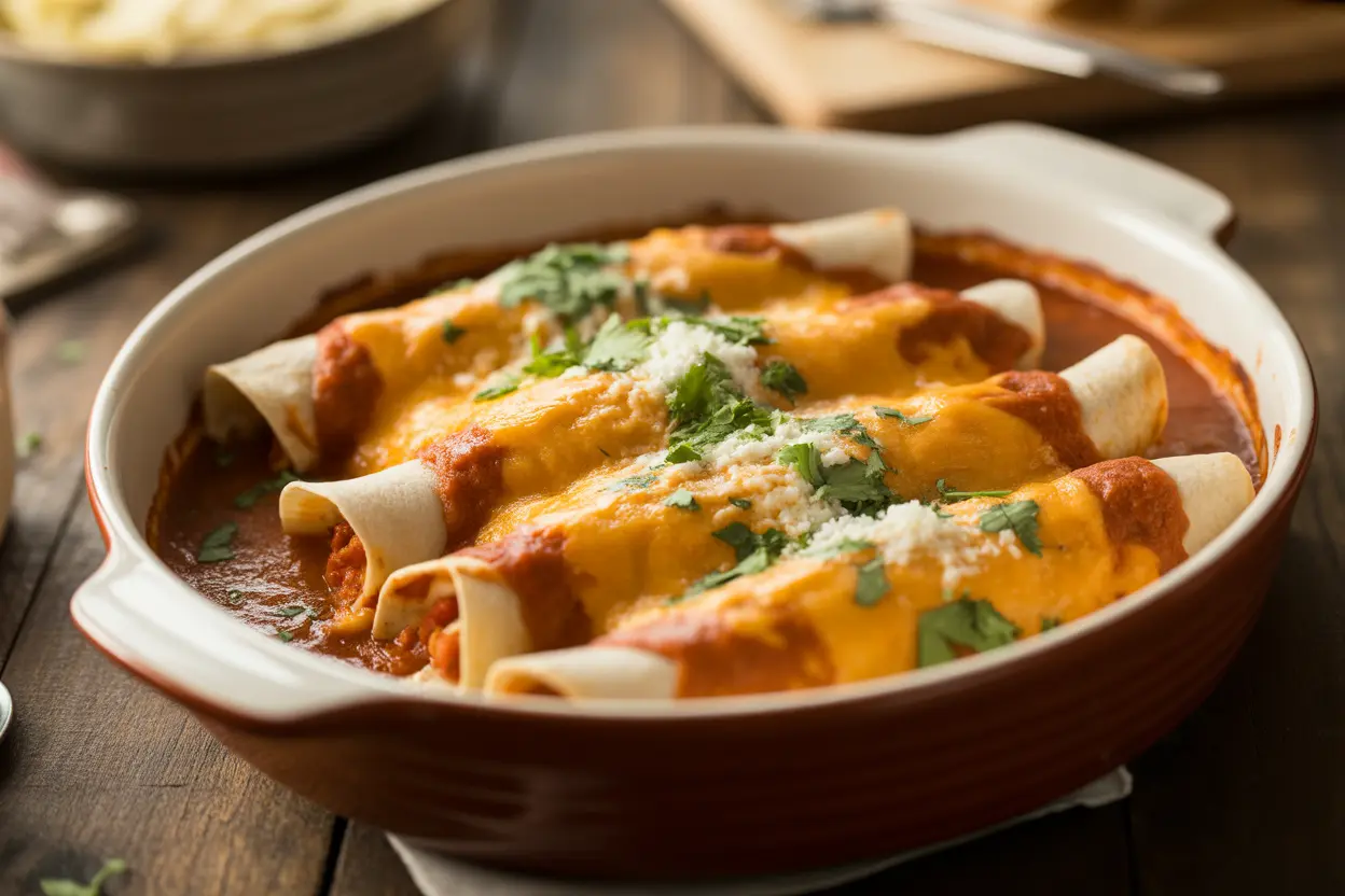 A baking dish of perfectly made enchiladas covered in red sauce and melted cheese, a visual for avoiding common enchilada mistakes.