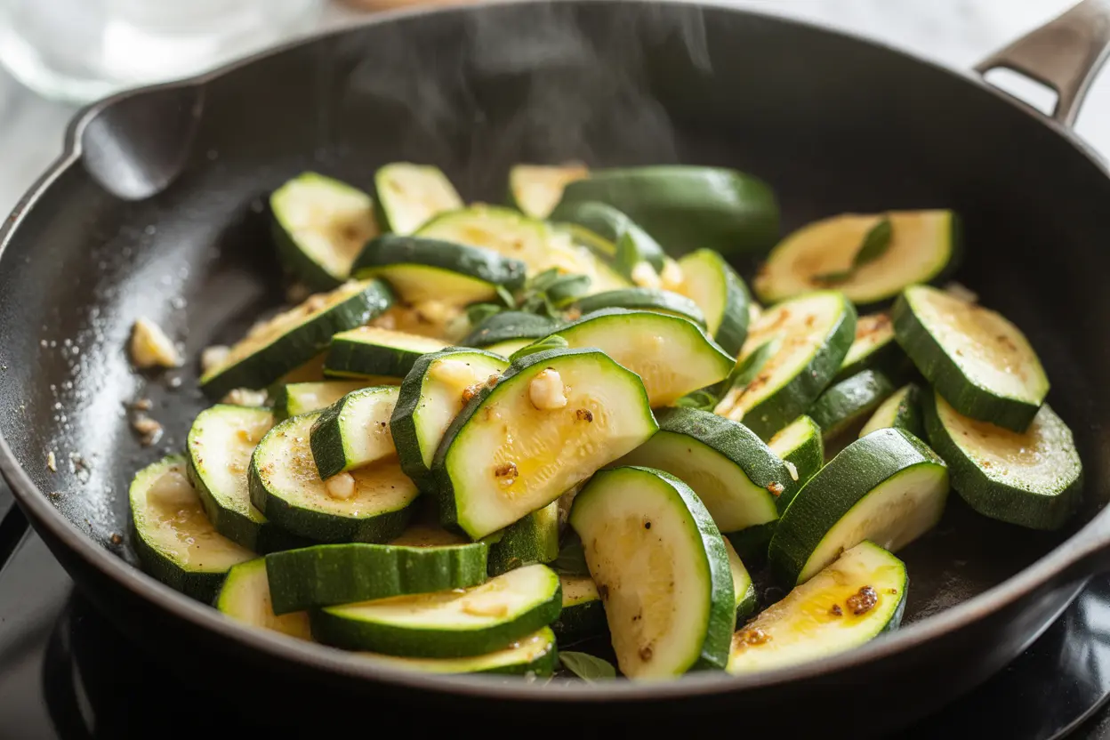 A close-up food photography shot of how to cook zucchini perfectly by sautéing it in a hot pan with garlic and fresh herbs until tender and caramelized.