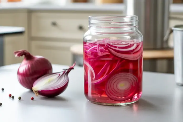 A glass jar filled with vibrant, thinly sliced onions, showcasing the final result of an easy pickled red onion recipe.