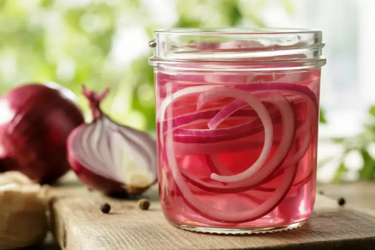 A sealed glass jar of vibrant homemade pickled red onions, illustrating proper storage to make them last longer.
