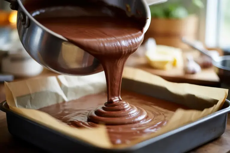 A close-up of thick, creamy chocolate fudge being poured from a saucepan into a parchment-lined pan, illustrating how to make creamy fudge.