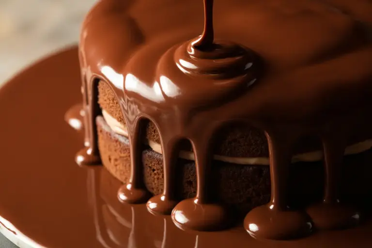 A close-up of smooth, glossy chocolate ganache being poured over a cake, creating the perfect chocolate drip effect.