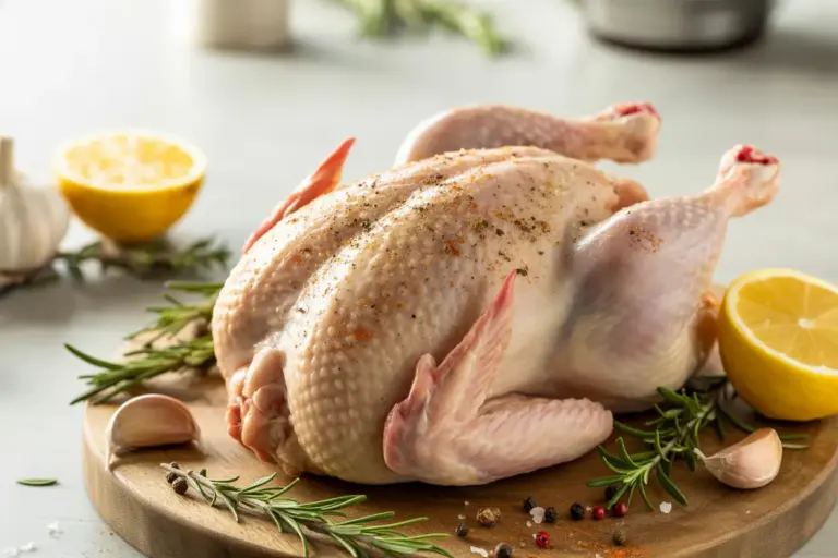 A raw Cornish hen seasoned and prepared for roasting, surrounded by fresh rosemary, thyme, lemon, and garlic on a wooden board.