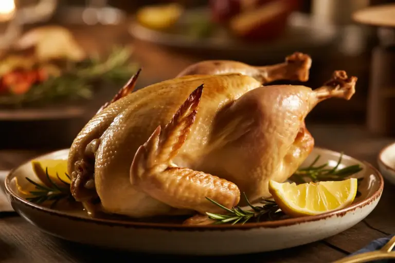 A single roasted Cornish hen from a delicious recipe, garnished with rosemary and lemon.