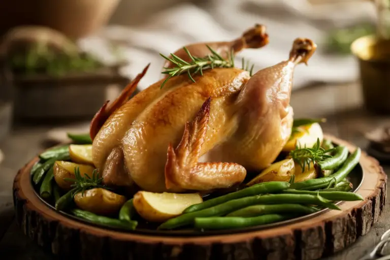 A perfectly roasted Cornish hen served on a platter with roasted potatoes and green beans, garnished with fresh herbs.