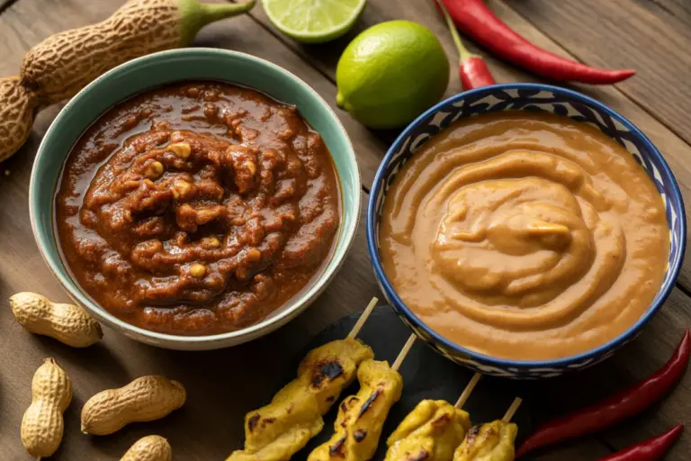 A visual comparison of satay sauce vs peanut sauce, showing a bowl of coarse satay sauce with tamarind and a bowl of smooth peanut sauce with lime, alongside grilled satay skewers.