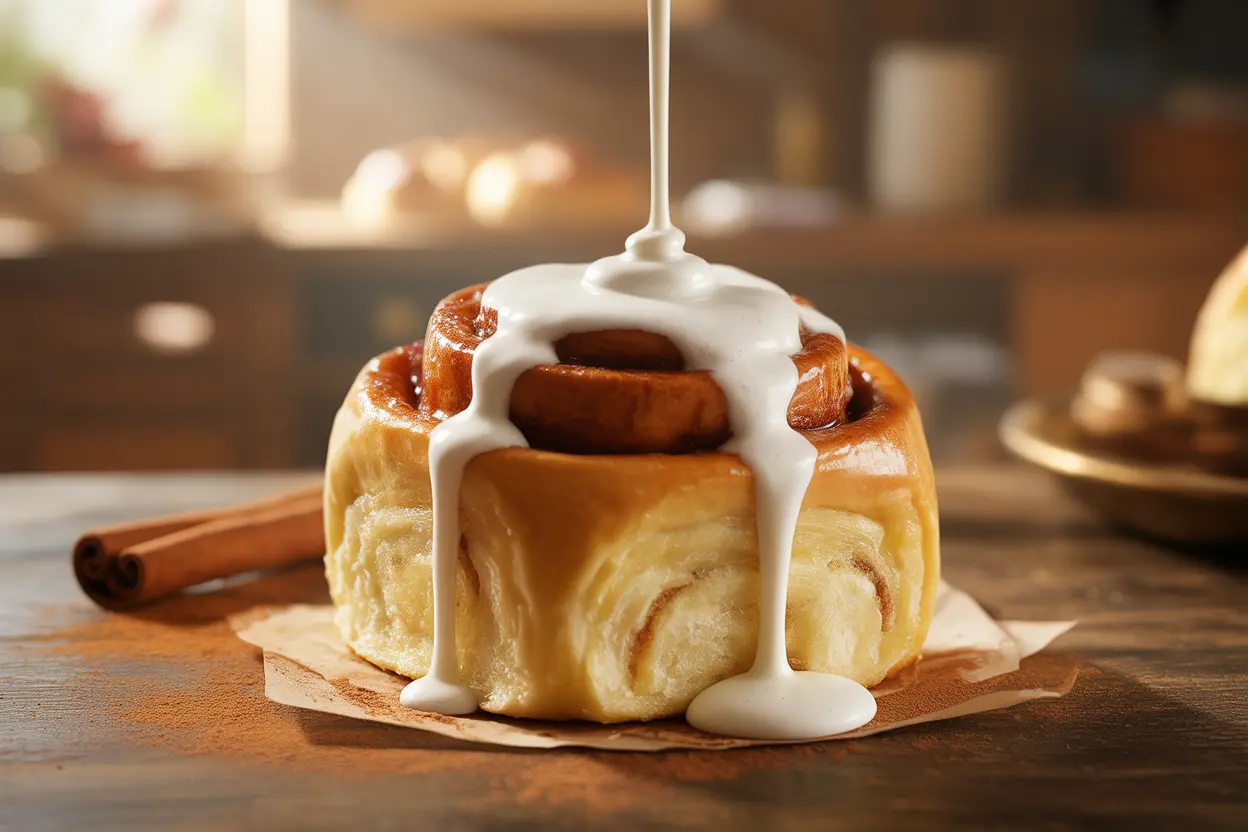 A close-up of a soft, gooey cinnamon roll being drizzled with heavy cream, the secret ingredient for moisture.