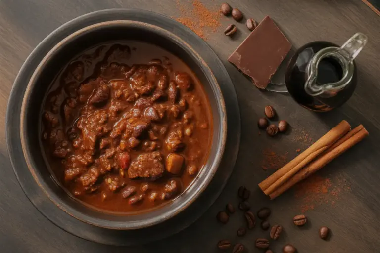 A hearty bowl of chili is artfully surrounded by secret ingredients like dark chocolate, coffee beans, and cinnamon sticks, ready to elevate the recipe.