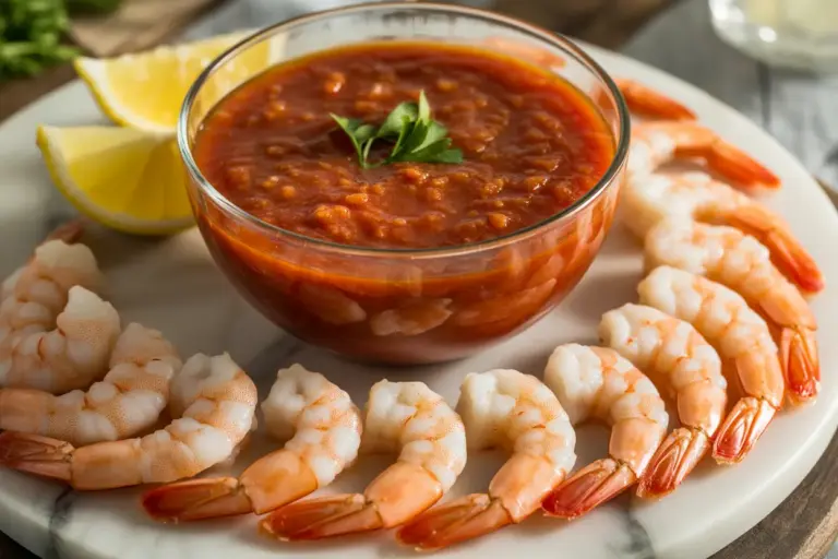 A vibrant bowl of simple homemade cocktail sauce, perfect for seafood dipping, surrounded by fresh shrimp and lemon wedges.