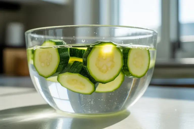 Close-up of fresh zucchini slices soaking in a clear bowl of salted water to remove excess moisture before cooking.