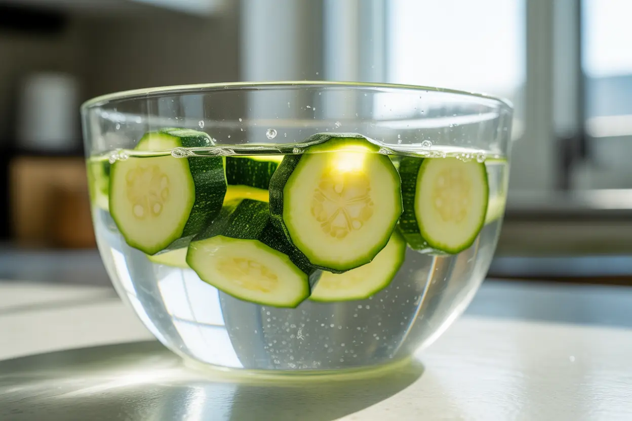 Close-up of fresh zucchini slices soaking in a clear bowl of salted water to remove excess moisture before cooking.