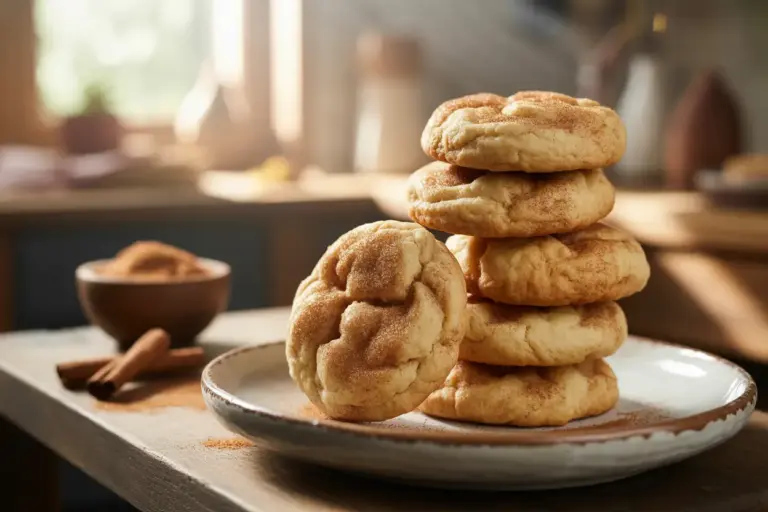 A close-up of a stack of soft and chewy snickerdoodle cookies from a classic recipe, coated in cinnamon sugar.