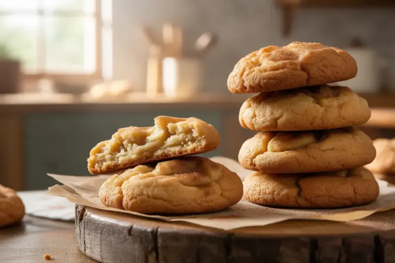 A close-up of a stack of soft and chewy snickerdoodles, with one broken to show the tender interior and crackly cinnamon-sugar coating.