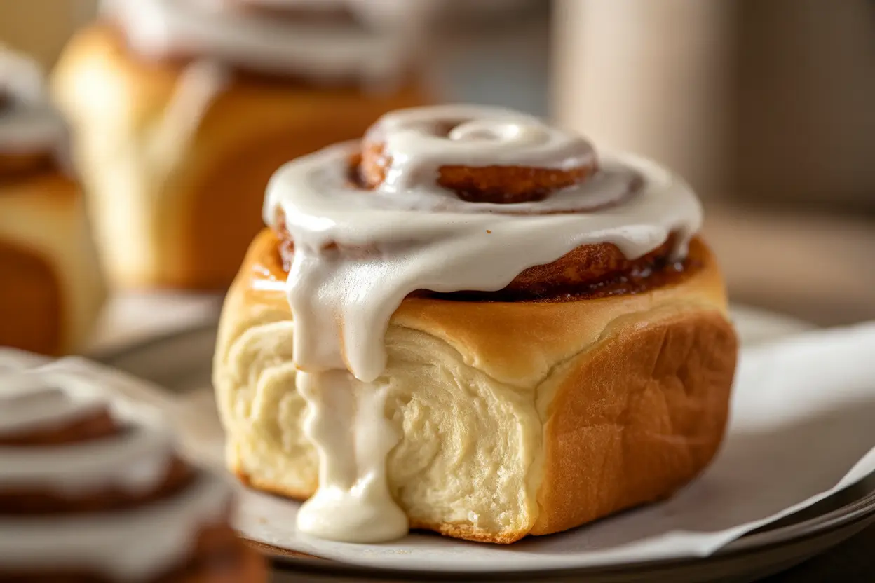 A close-up of a perfectly baked, soft and fluffy cinnamon roll with a generous swirl of cinnamon sugar filling, topped with melting cream cheese frosting.