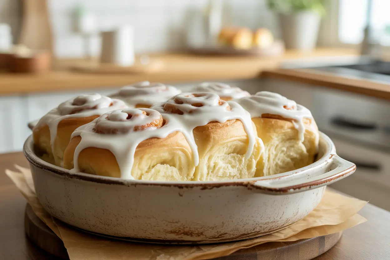 A close-up, appetizing view of warm, soft and fluffy cinnamon rolls nestled in a baking dish, generously topped with gooey cream cheese frosting dripping down the sides.