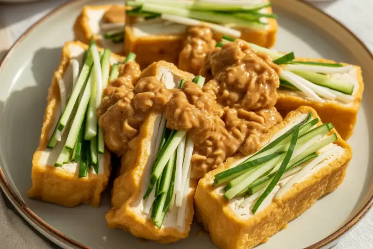 A close-up shot of Malaysian Tauhu Sumbat, featuring crispy firm tofu stuffed with fresh vegetable ingredients like cucumber and bean sprouts, generously covered in a rich peanut sauce.