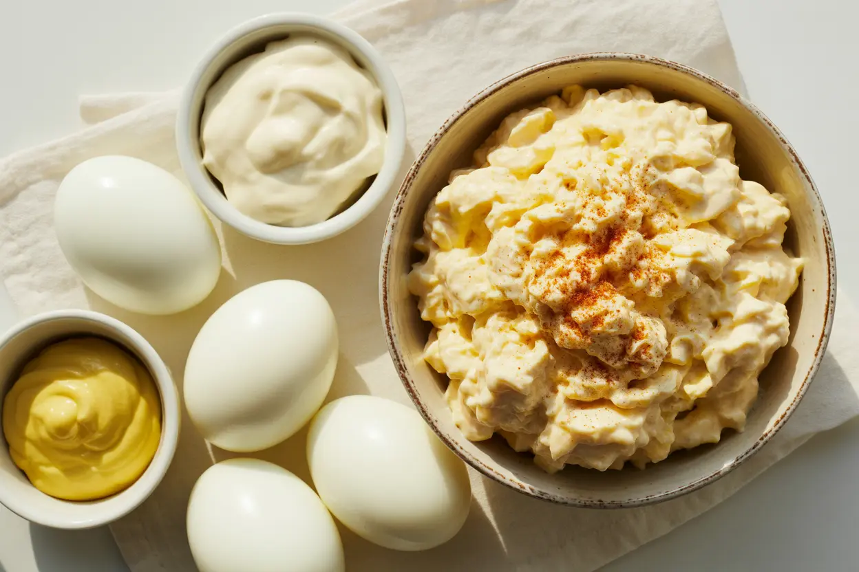 Overhead view of a bowl of three-ingredient egg salad surrounded by its core components: hard-boiled eggs, mayonnaise, and mustard.