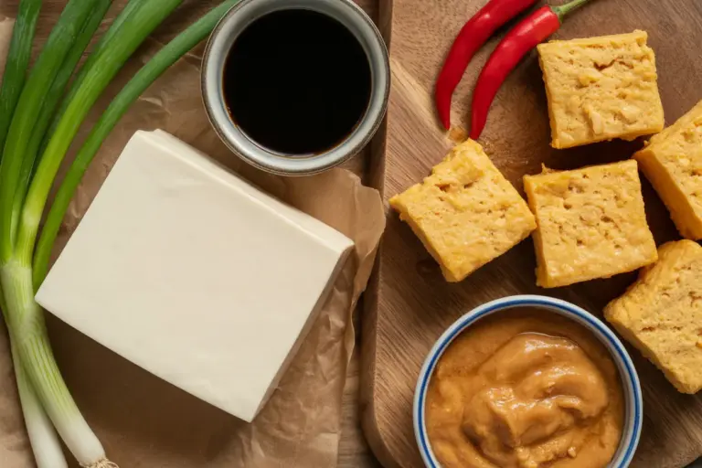 A culinary comparison of tofu vs tauhu, showing smooth white tofu with East Asian ingredients and golden fried tauhu with Southeast Asian ingredients.