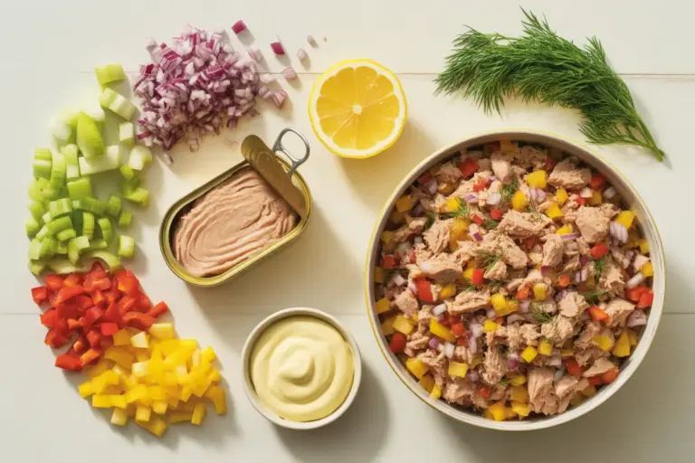 A flat lay of fresh canned tuna mix-ins, including celery, onion, and herbs, surrounding a bowl of prepared tuna salad.