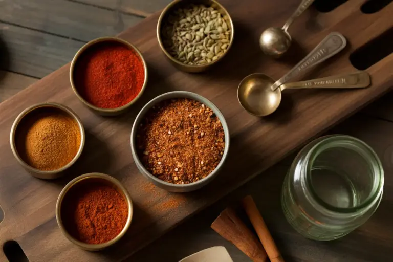 A rustic flat lay of ingredients like chili powder, cumin, and paprika used for making homemade chili seasoning.
