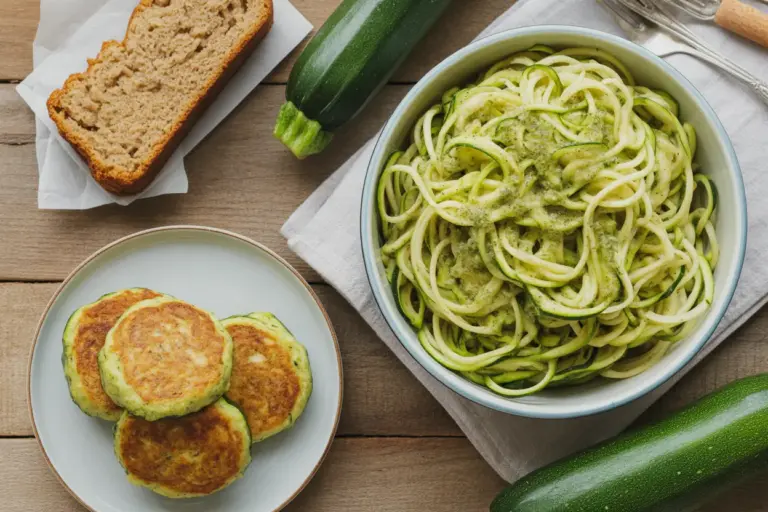 A flat lay of various dishes showcasing ways to use up zucchini, including zucchini noodles, bread, and fritters.