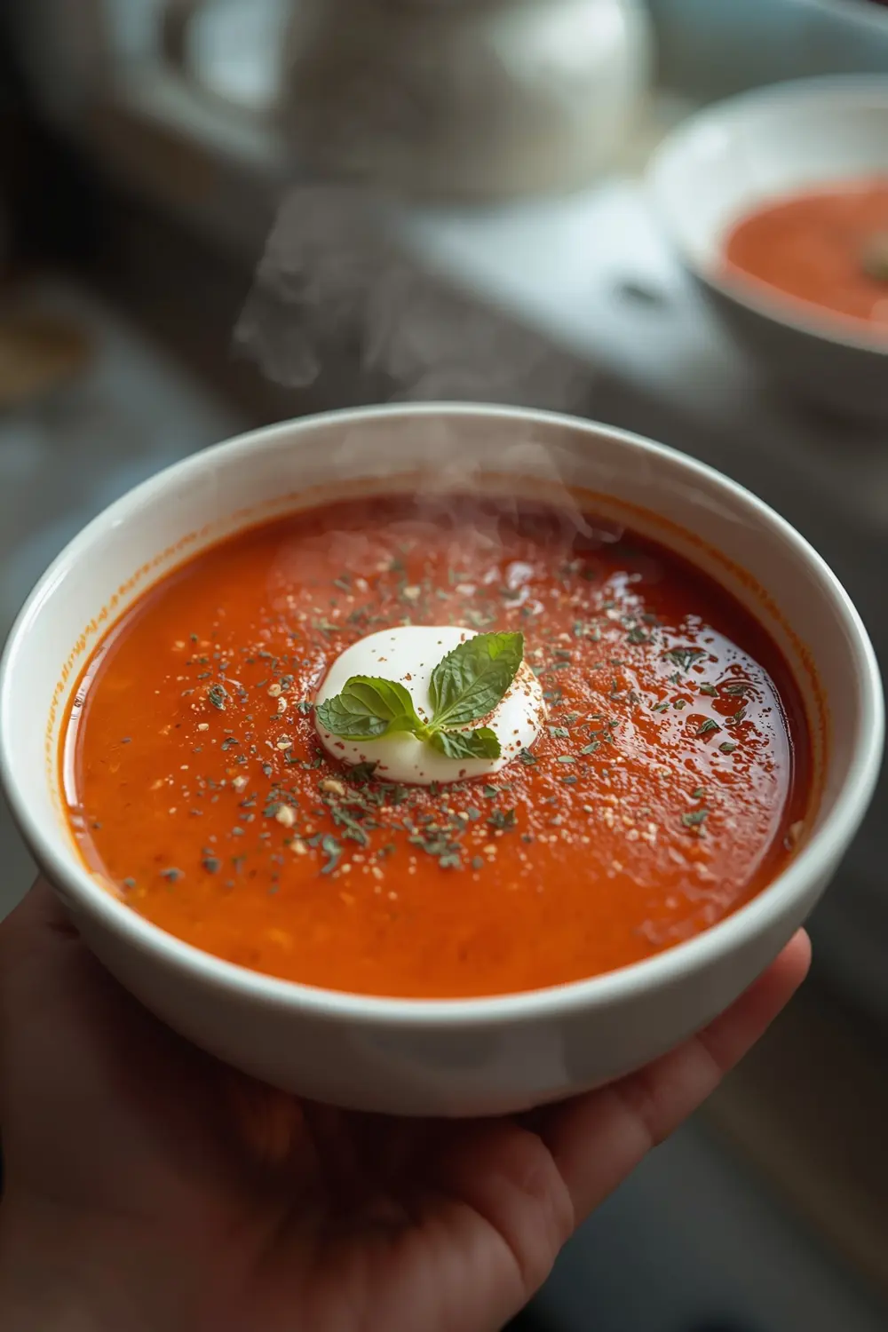 A photo of a bowl of creamy tomato soup with vegan cream and dried basil