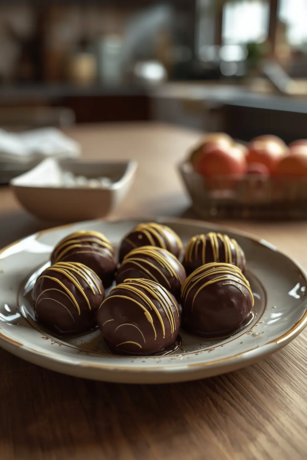Close-up of chocolate truffles on a wooden table