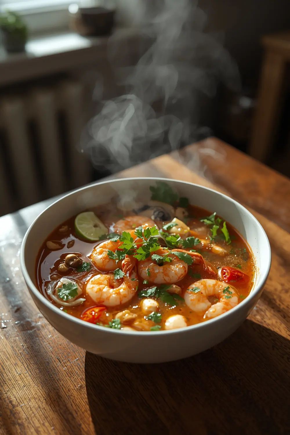 A photo of a delicious and spicy Tom Yum Soup with shrimp, mushrooms, and vegetables