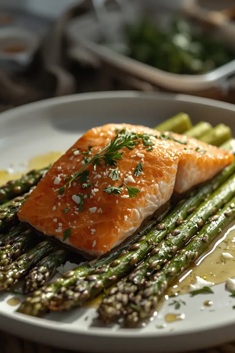 A photo of a baked salmon fillet on top of roasted asparagus, garnished with parsley and parmesan cheese
