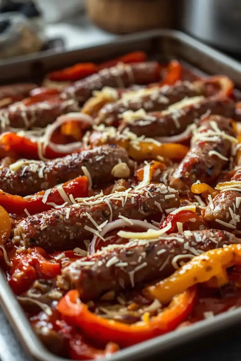 A sheet pan filled with baked sausage, peppers, and onions, topped with mozzarella cheese