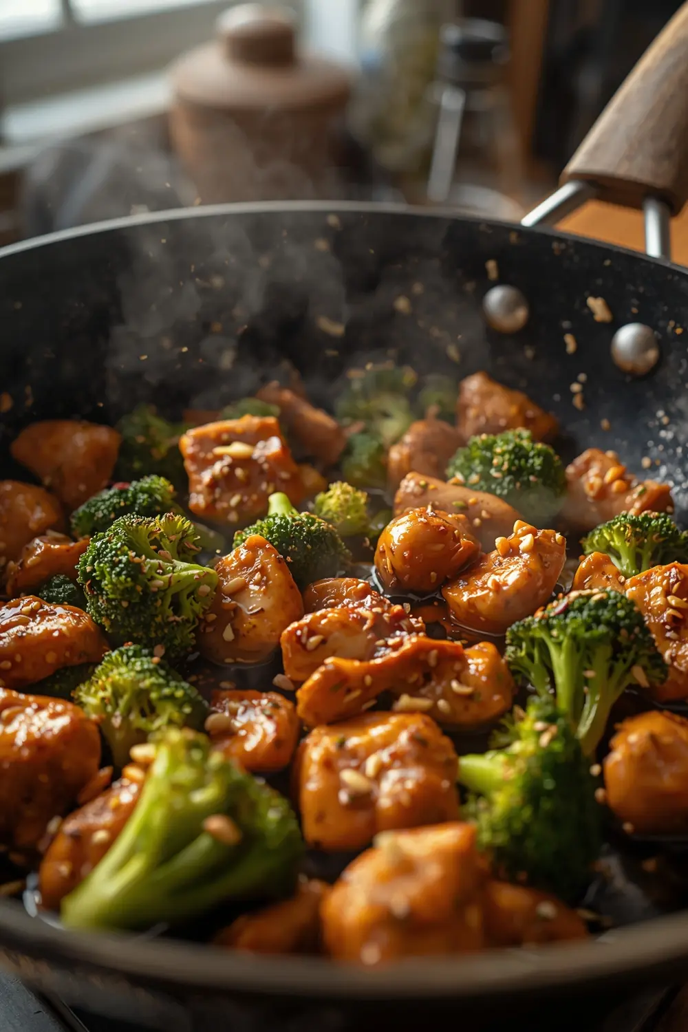 A photo of a chicken and broccoli stir fry in a wok