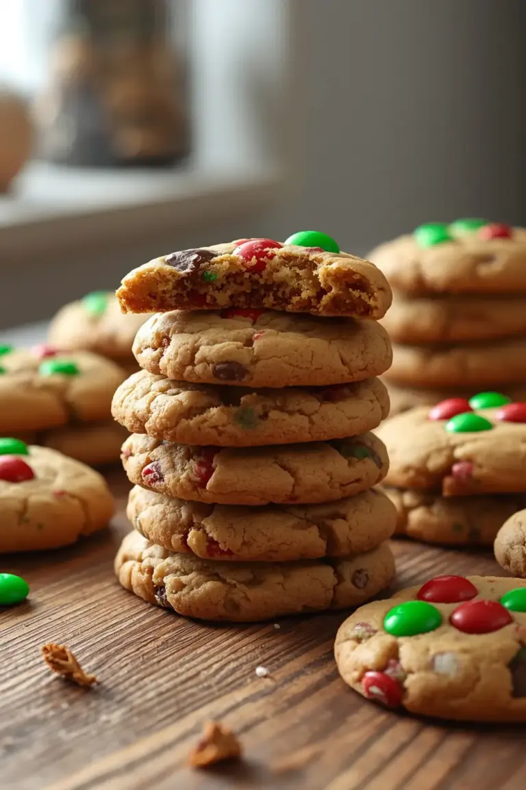 A stack of green Christmas cookies with red and green M&Ms on top