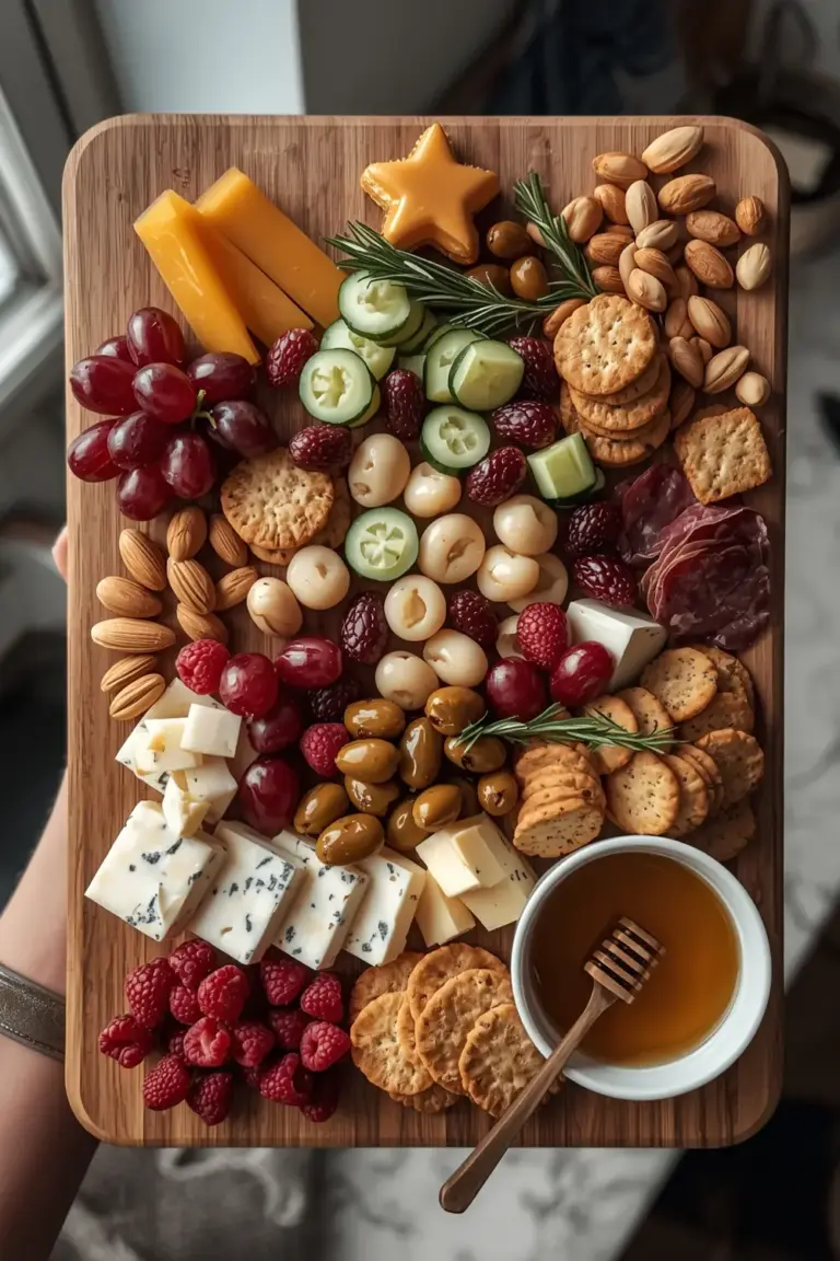 A charcuterie board arranged to resemble a Christmas tree, with various cheeses, meats, fruits, and nuts
