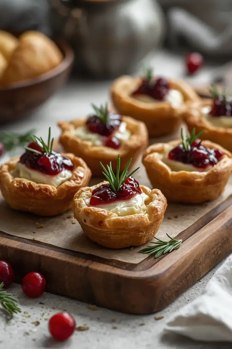 Close-up of Cranberry Brie Bites on a wooden cutting board with cranberry sauce and rosemary