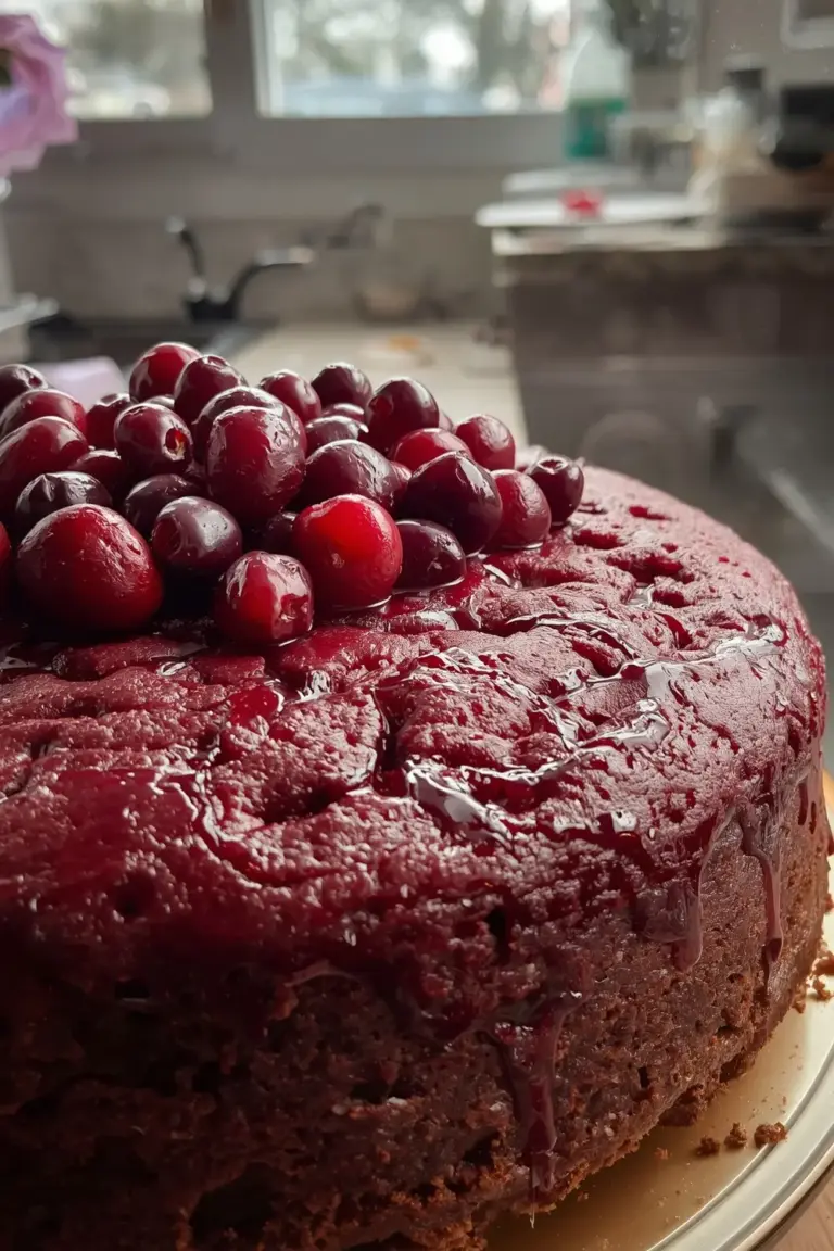 Freshly baked cranberry cake with a generous helping of fresh cranberries on top