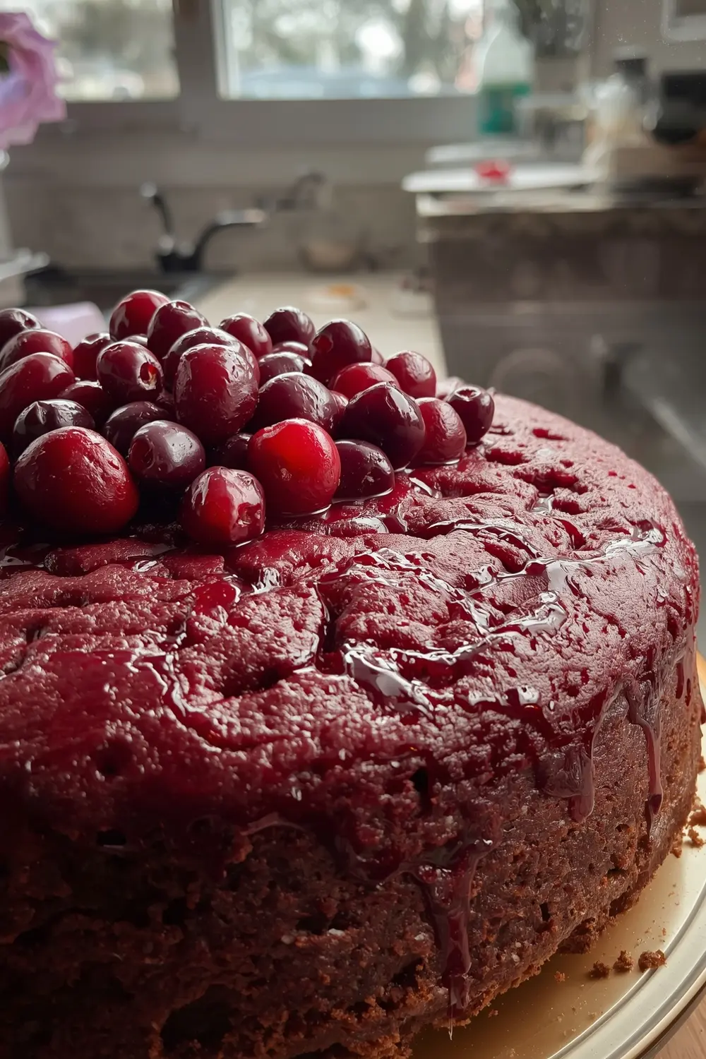 Freshly baked cranberry cake with a generous helping of fresh cranberries on top