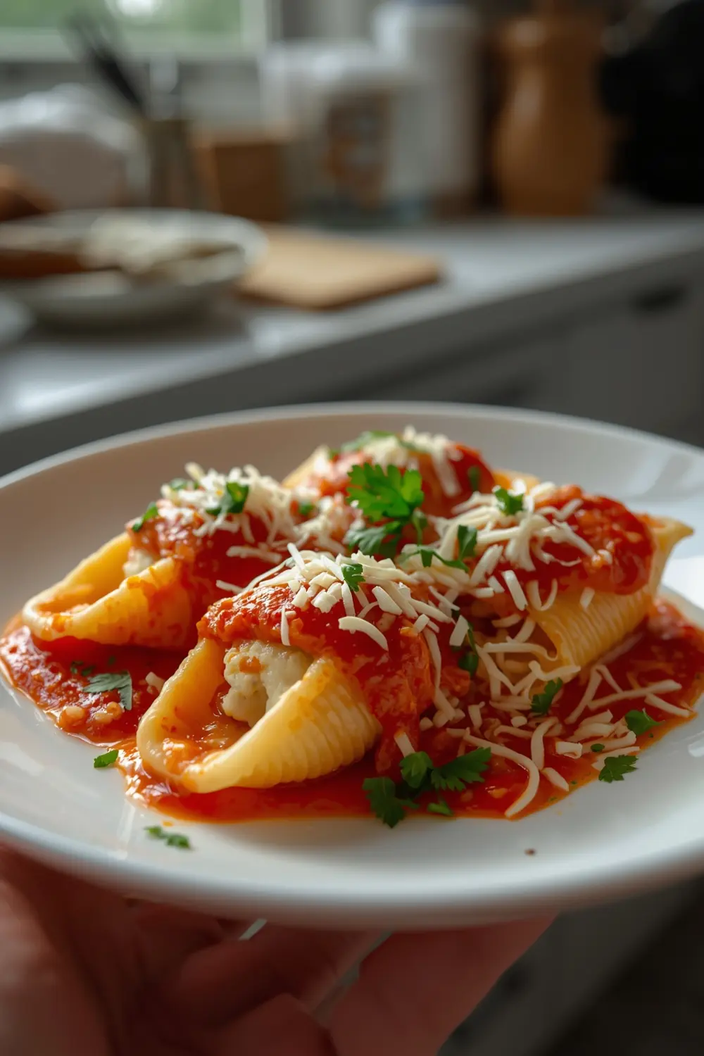 A close-up photo of baked stuffed shells filled with ricotta and mozzarella, topped with marinara sauce and melted mozzarella cheese