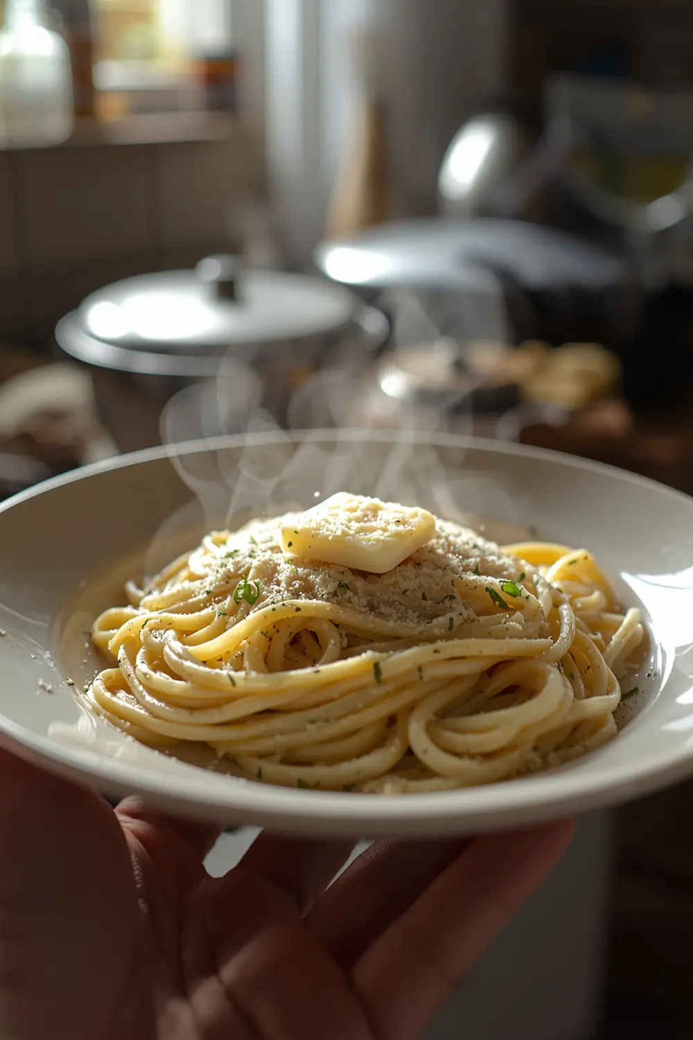 A photo of a plate of creamy garlic pasta, topped with Parmesan cheese and basil