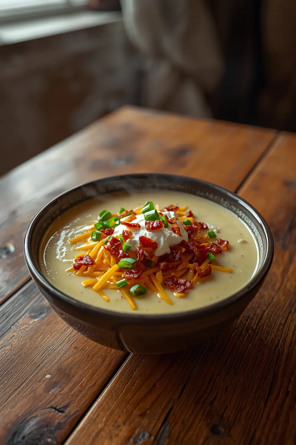 A photo of a bowl of loaded potato soup with sour cream, bacon, cheese, and scallions